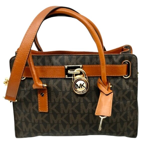 MICHAEL KORS~Hamilton~SIGNATURE LOGO SATCHEL BAG w/GOLD LOCK & KEY Like New - Picture 1 of 6